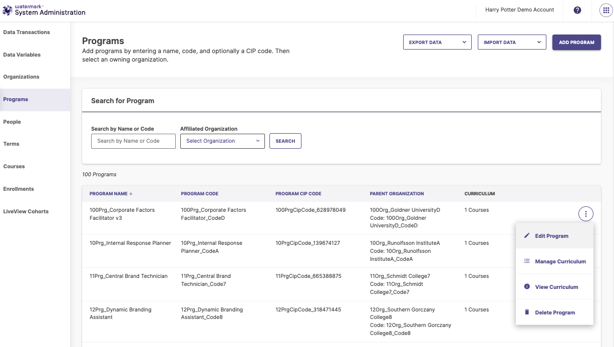 The Programs page showing a list of programs, with an open action menu displaying options for editing the program, managing curriculum, viewing curriculum, and deleting the program.
