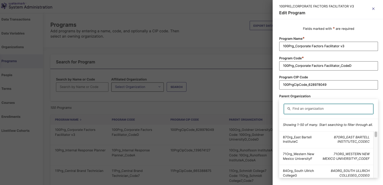 The Edit Program side menu showing the Parent Organization searchable list.