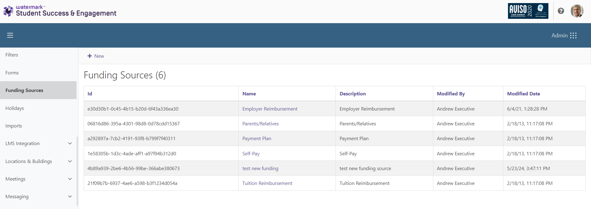 The 'Funding sources' page showing a list of funding sources with their details, along with a '+ New' button.