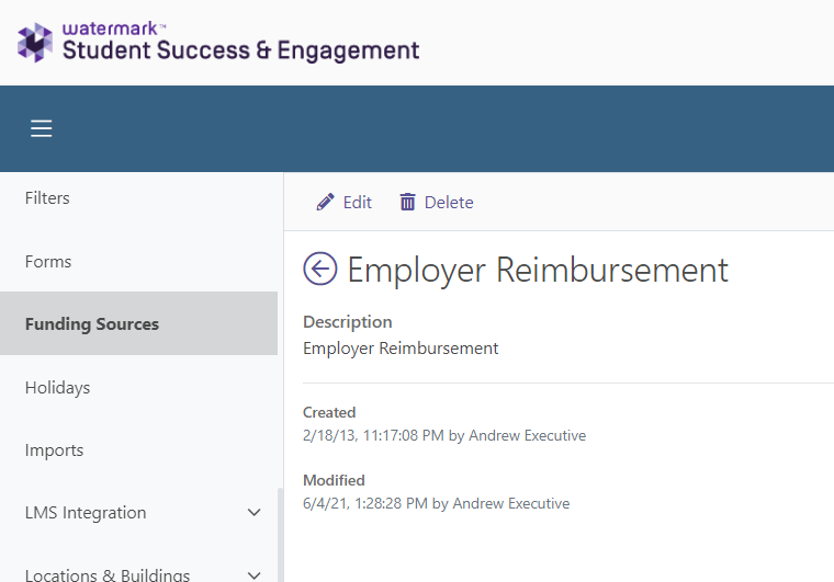 The 'Employer Reimbursement' page showing its description, creation, and modification data, along with 'Edit' and 'Delete' options.