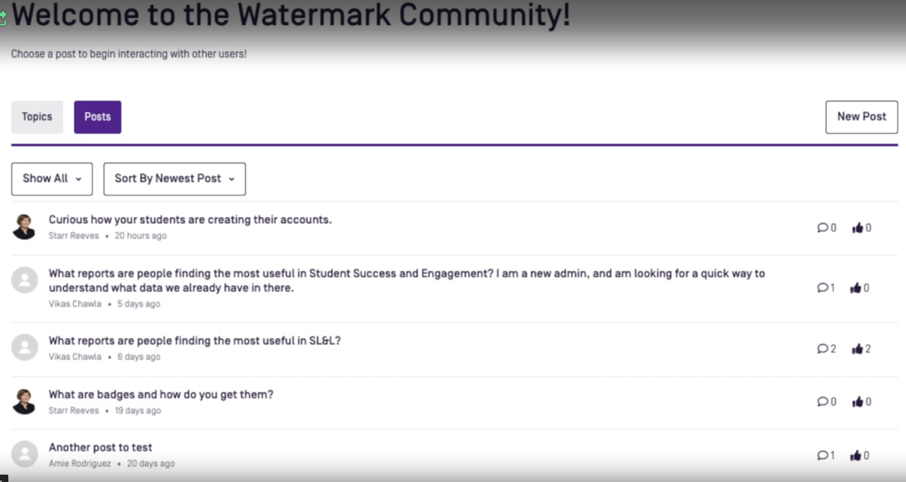 The Community page showing list of posts available to be read.