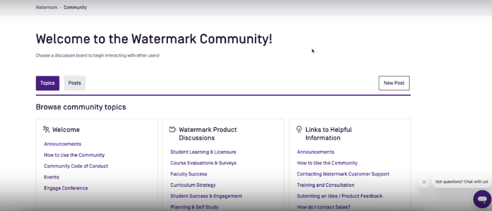 The Community page showing links for a wide variety of topics and posts to select from.