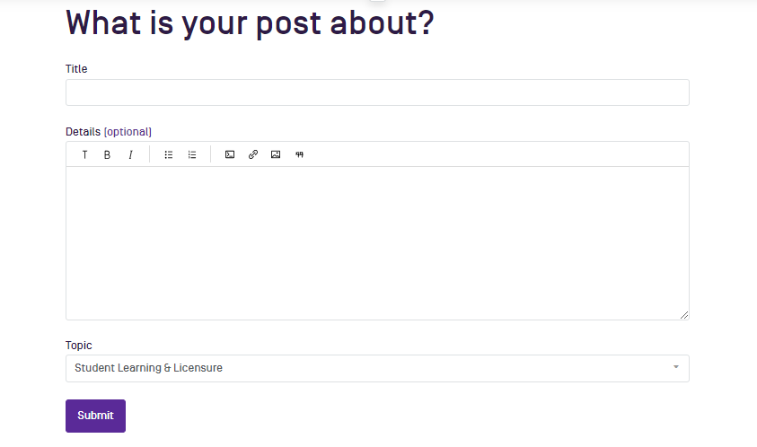 A new community post with fields for entering a title, optional details, topic, and a Submit button.