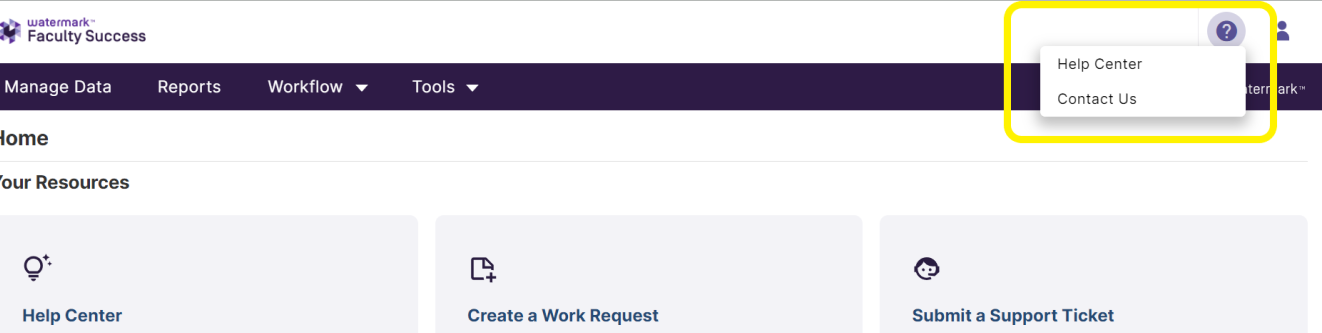 A question‑mark icon menu in the top‑right corner showing Help Center and Contact Us options highlighted.