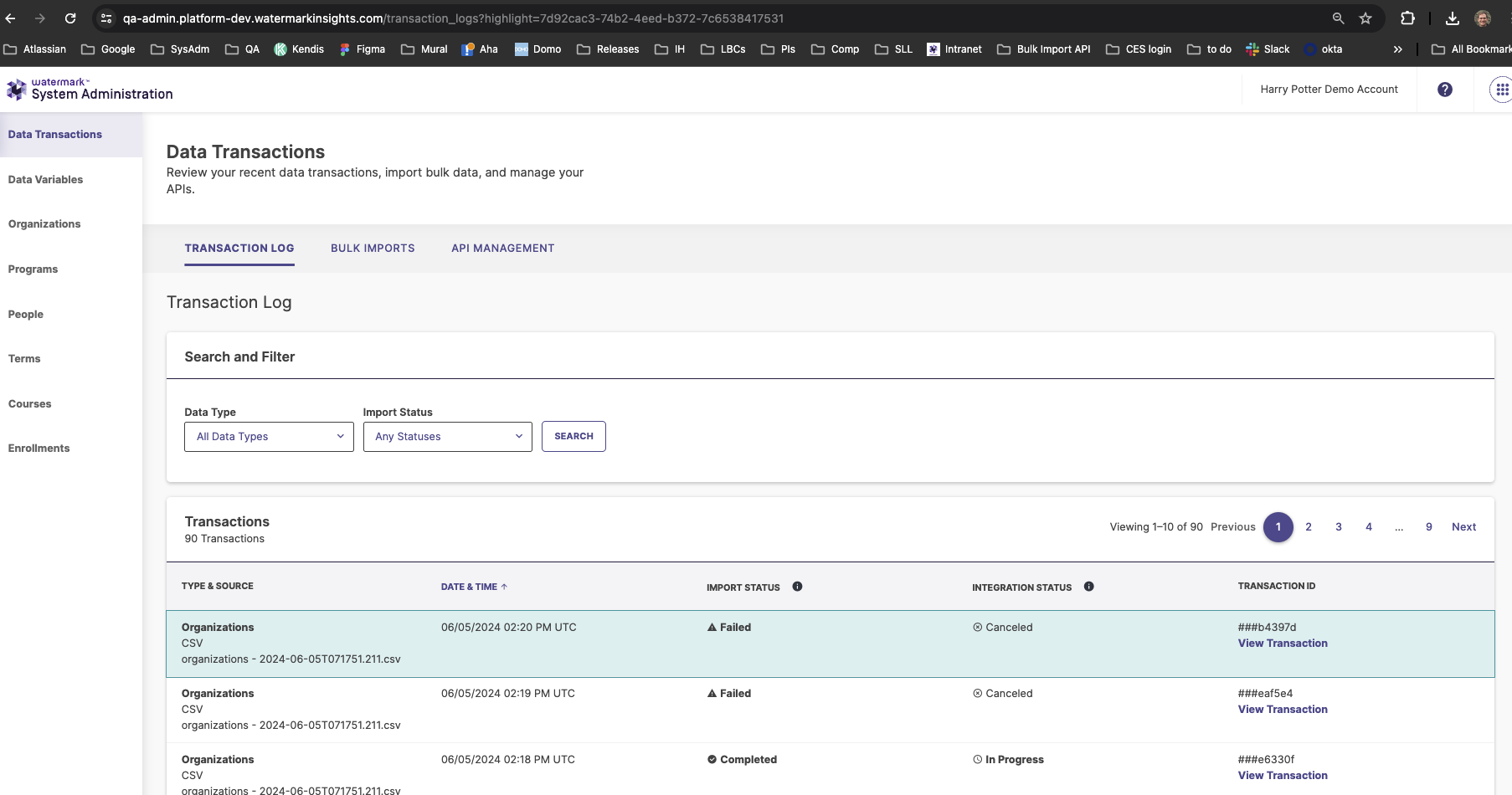 The System Administration interface showing the Data Transactions page with the Transaction Log tab open, including search and filter controls, a transactions table with details such as data type, source, date and time, import and integration status, and transaction ID links, along with Data Transactions navigation in the background.