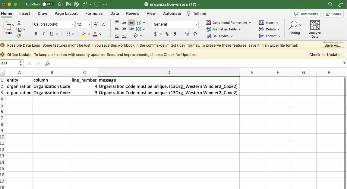 An Excel table showing an import error report listing organization‑level validation errors, with columns for entity, column name, line number, and message, and entries indicating duplicate Organization Code values and specifying the affected codes.