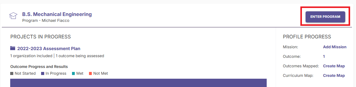 The program overview page showing the B.S. Mechanical Engineering program header with an Enter Program button highlighted in the top right and assessment projects listed below.