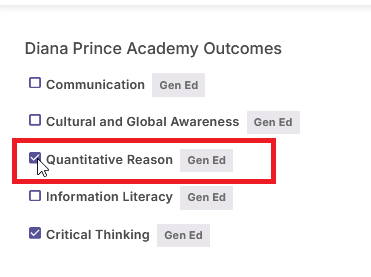 The Diana Prince Academy Outcomes panel showing general education outcome checkboxes with Quantitative Reason selected and labeled as Gen Ed.