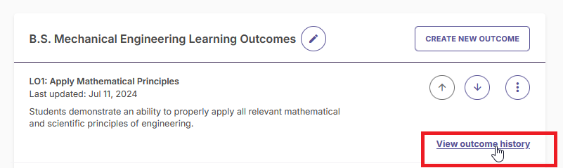 The B.S. Mechanical Engineering Learning Outcomes page showing LO1 with an arrow pointing to the View outcome history link on the right.