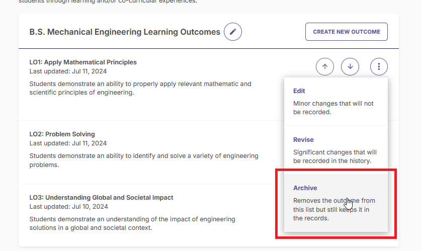 The B.S. Mechanical Engineering Learning Outcomes page showing LO1, LO2, and LO3 with the more options menu open for LO3 and an arrow pointing to the Archive option labeled Removes the outcome from this list but still keeps it in the records.