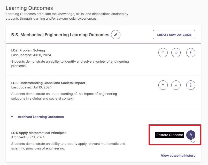The Learning Outcomes page showing an Archived Learning Outcomes section with LO1 listed. An arrow points to the Restore Outcome button on the right.
