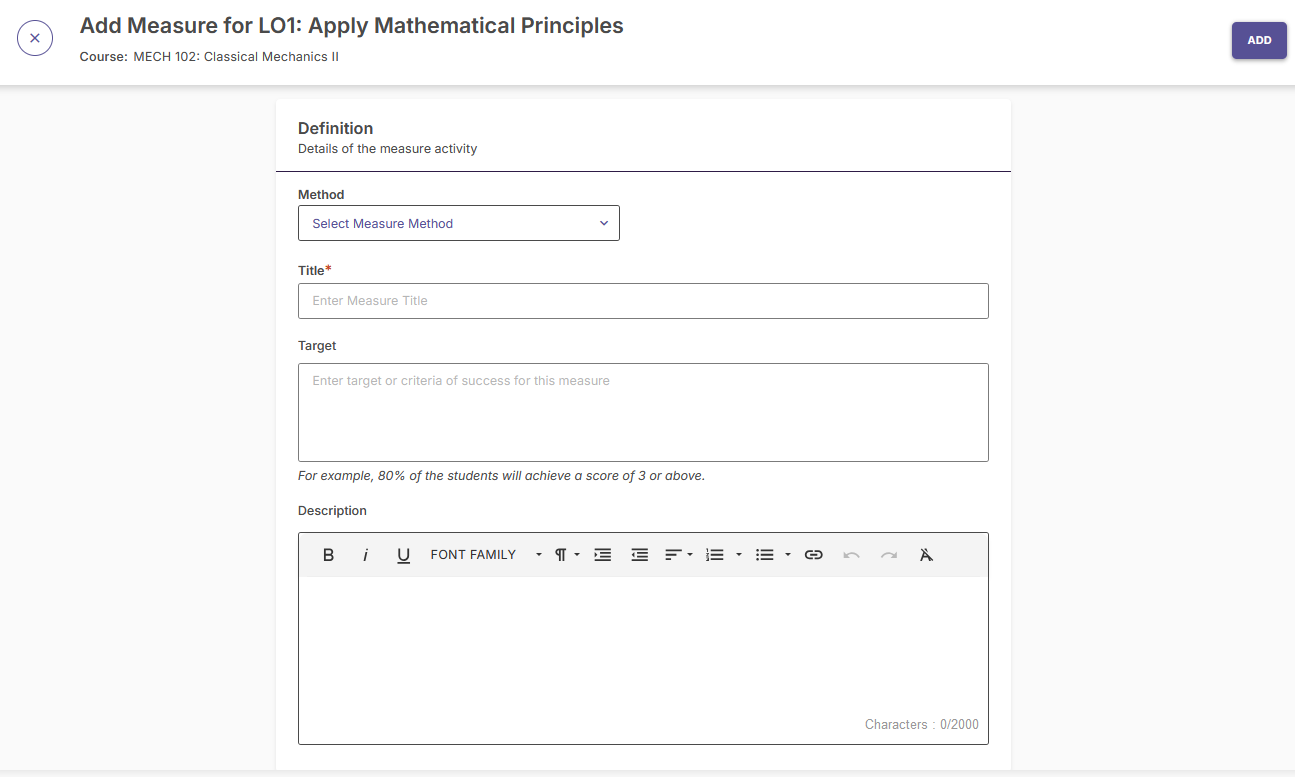An Add Measure page for LO1: Apply Mathematical Principles showing fields to select a measure method, enter a required title, define a target, and add a description using a rich‑text editor. The course listed is MECH 102: Classical Mechanics II, and an Add option is available.