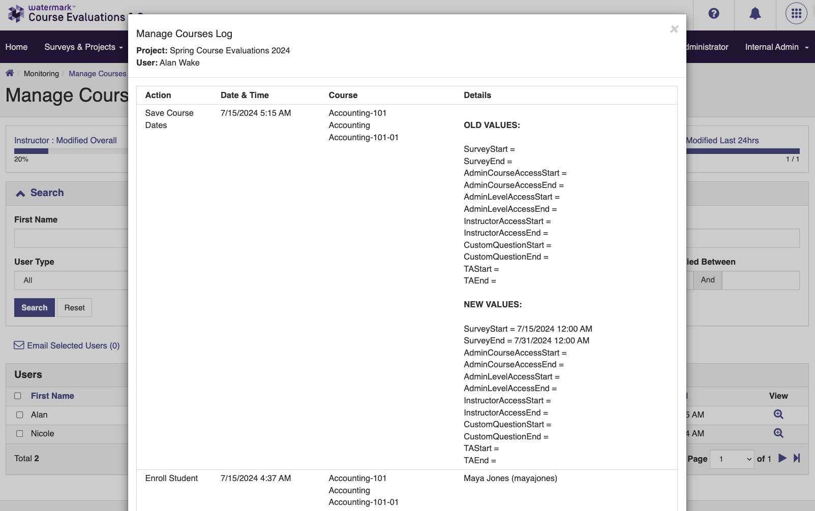 A Manage Courses Log window showing actions, dates and times, courses, and details for Spring Course Evaluations 2024, including old values and new values for survey access settings and an Enroll Student action.