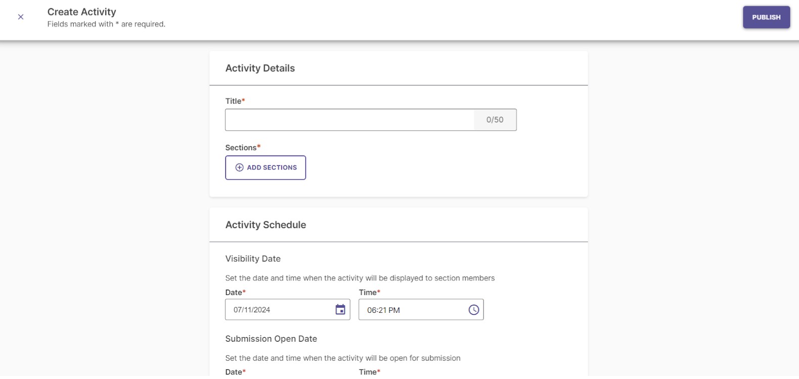 A screenshot showing the Create Activity form in an educational platform. The form includes fields for an activity title and a button to add sections.