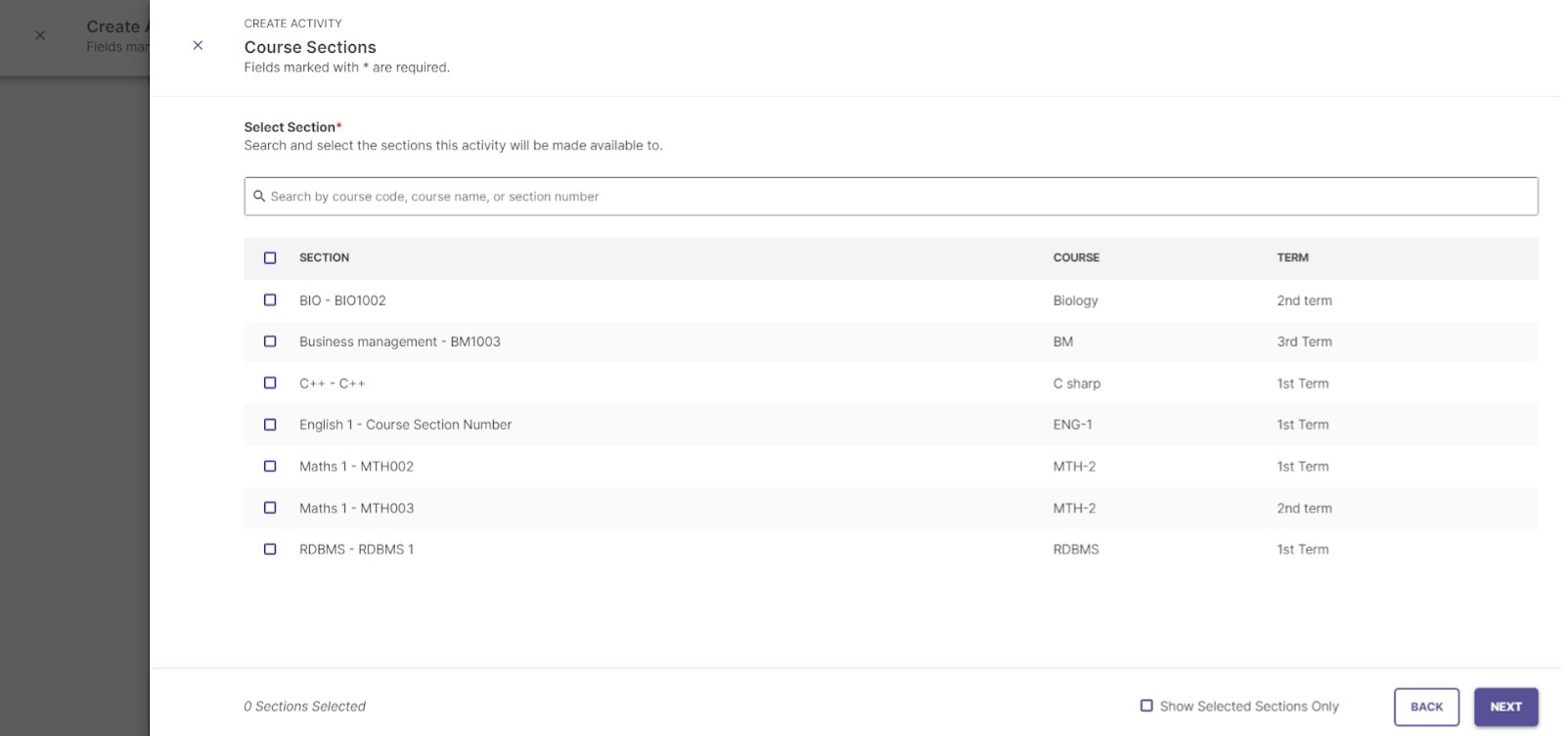 A screenshot of a modal window titled 'Add Sections' with a list of course sections and a search bar.