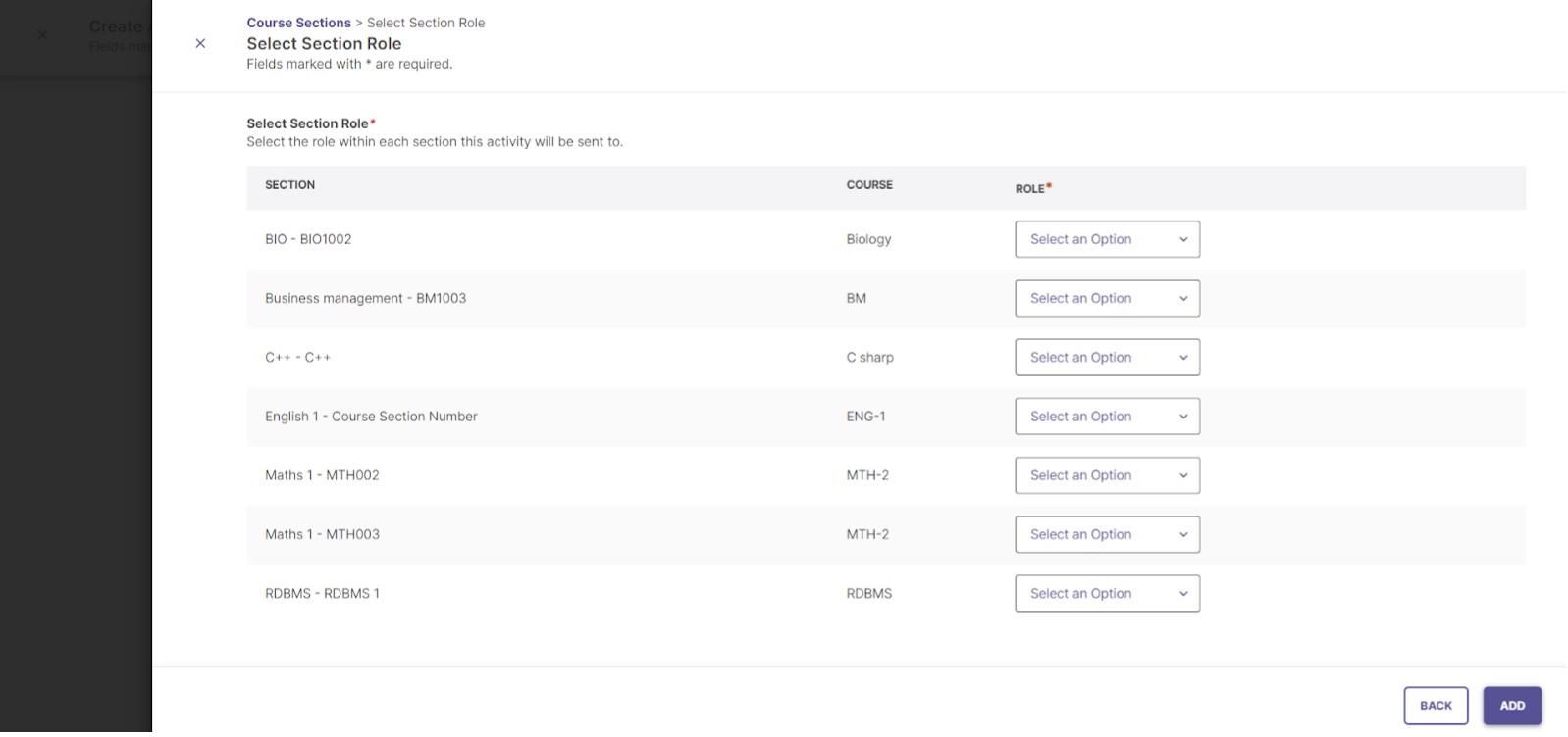 A screenshot showing a list of selected course sections, each with a dropdown menu to assign a role.