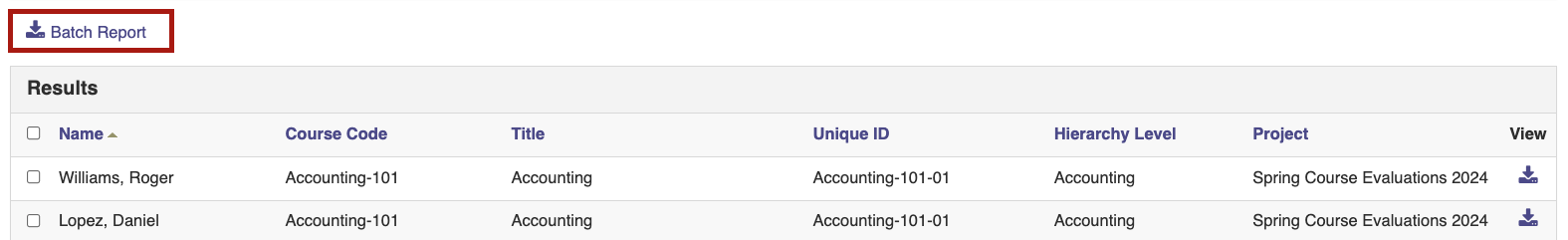 The results page showing a Batch Report download option above a table of instructor course results with selectable rows and columns for course details.