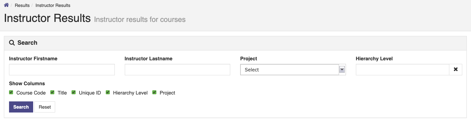 The Instructor Results page showing a search panel with instructor name fields, project and hierarchy level filters, and selectable column options above the results area.