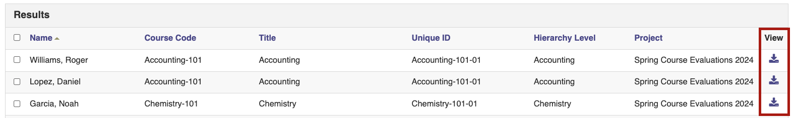 The results table showing instructor course entries with a View column highlighted, displaying action icons for viewing or downloading results.