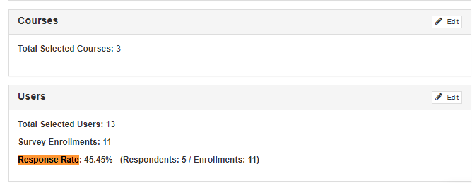 A results summary showing the total number of selected courses as three and a Users section showing total selected users as thirteen, survey enrollments as eleven, and a highlighted response rate of 45.45 percent with respondent and enrollment counts.