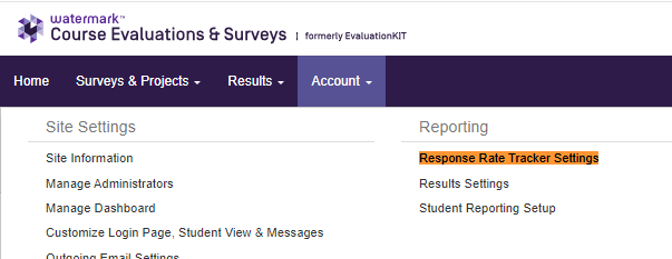 A Course Evaluations & Surveys page showing site settings and reporting options, including Site Information, Manage Administrators, Manage Dashboard, Customize Login Page, and more. Under Reporting, the Response Rate Tracker Settings option is highlighted.