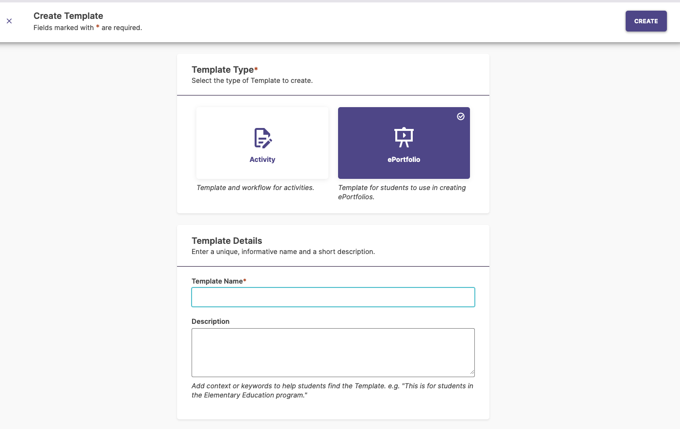 Screenshot of the Create Template pop-up window with ePortfolio selected.
