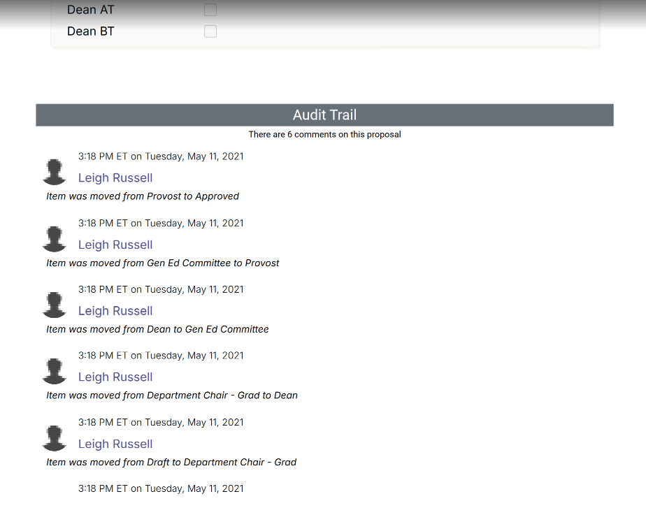 An Audit trail showing timestamped actions by Leigh Russell during the proposal approval process.