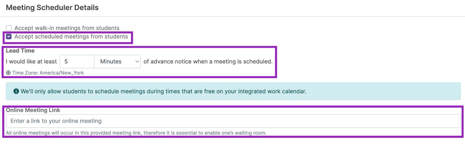 The 'Meeting Schedular Details' section showing options to accept walk-in and scheduled meetings from students, with a lead time of 5 minutes before a meeting, and an online meeting link field.