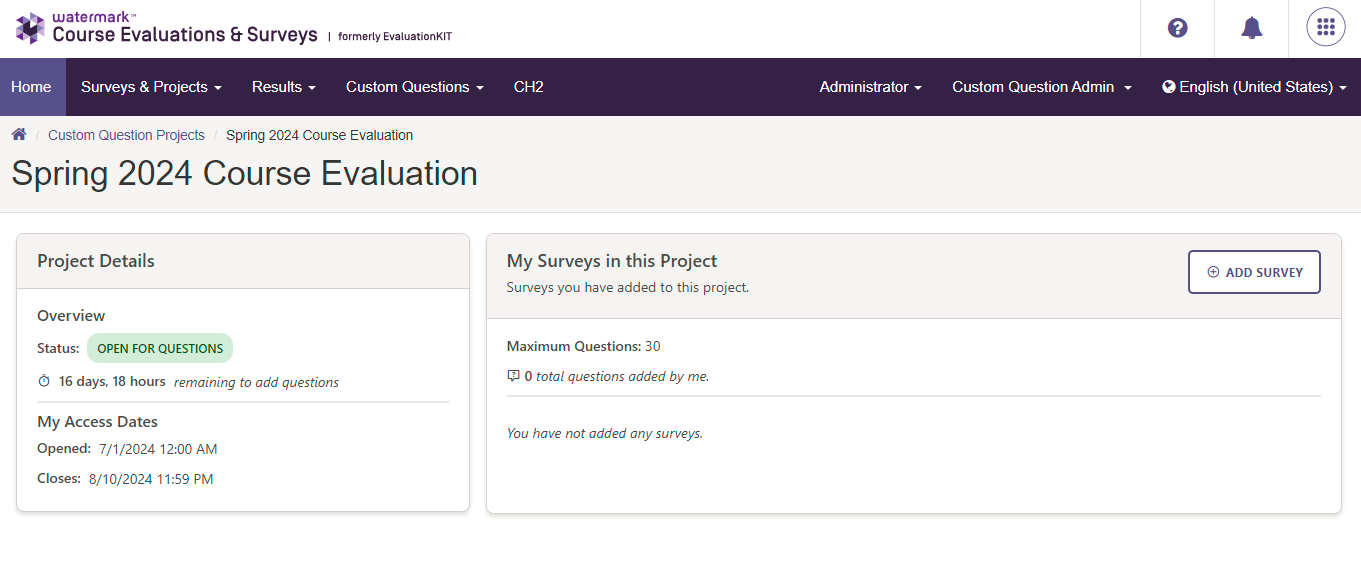 A Course Evaluation project page showing project details and an option to add a survey.