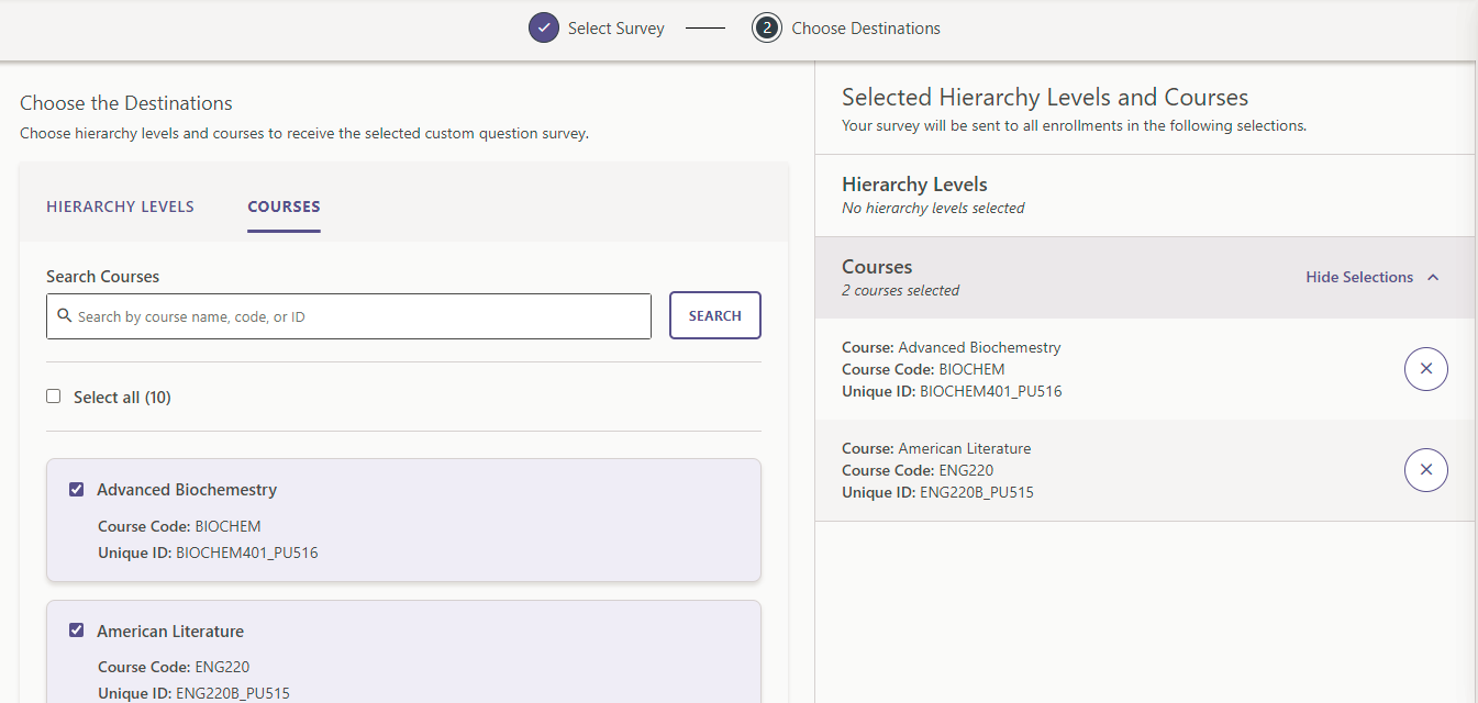 A Choose the Destinations page showing tabs for hierarchy levels and courses, with search options for locating courses.