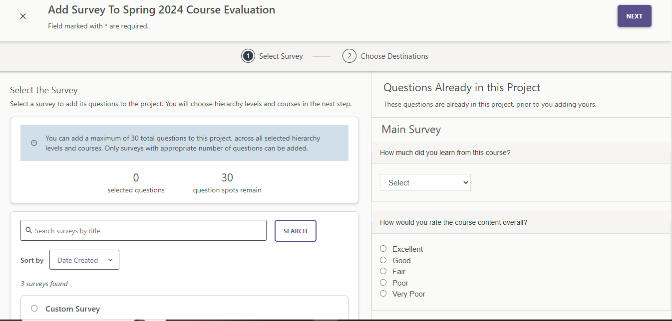 An Add Survey page showing options to select a survey.