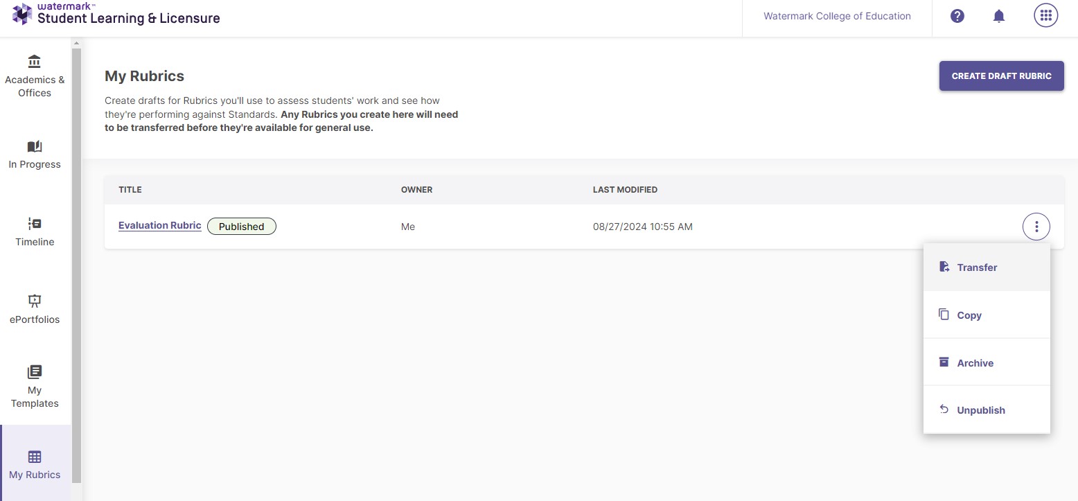 The My Rubrics page showing list with one rubric row displaying title, status Published, owner, and last modified date. Options menu opened for the row showing actions Transfer, Copy, Archive, and Unpublish.