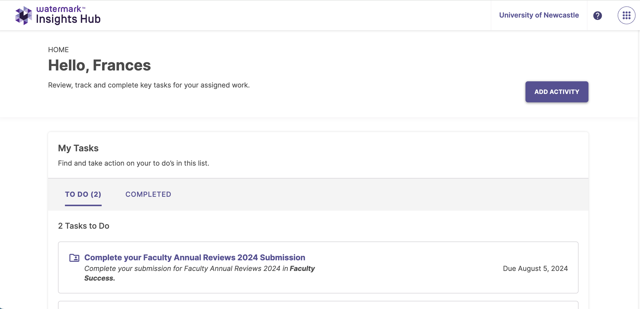 The home page showing a list of tasks, with two tasks to do, including a faculty annual review submission.