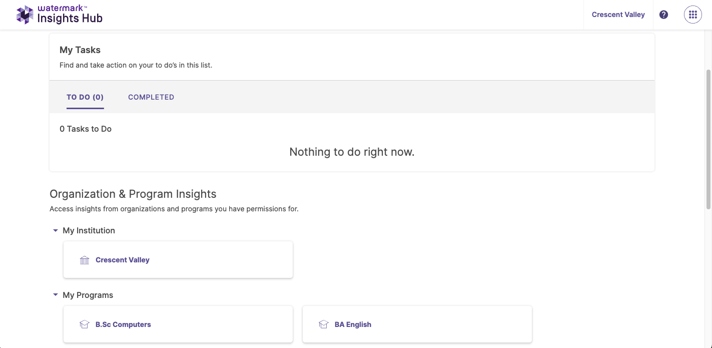 The home page showing no tasks to do, and the 'Organization & Program Insights' section lists 'institution' and 'programs.'