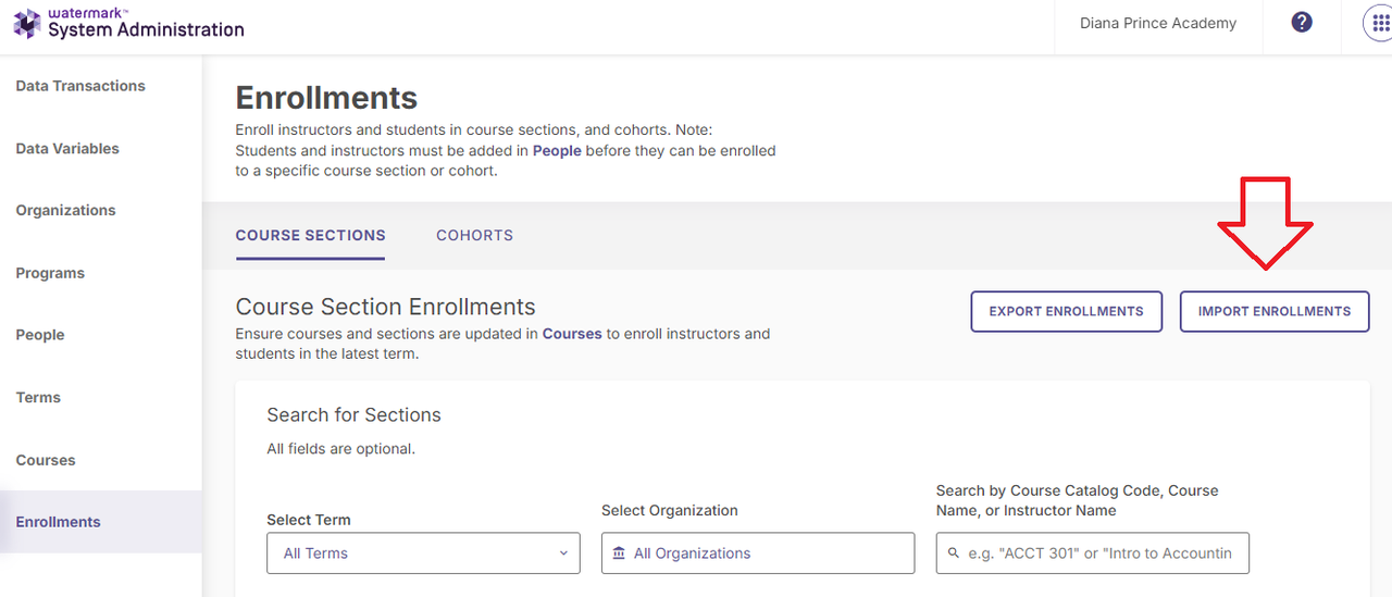 An Enrollments page showing options for managing course section enrollments, including filters for selecting a term, selecting an organization, and searching by course catalog code, course name, or instructor name, along with options to export enrollments or import enrollments highlighted.