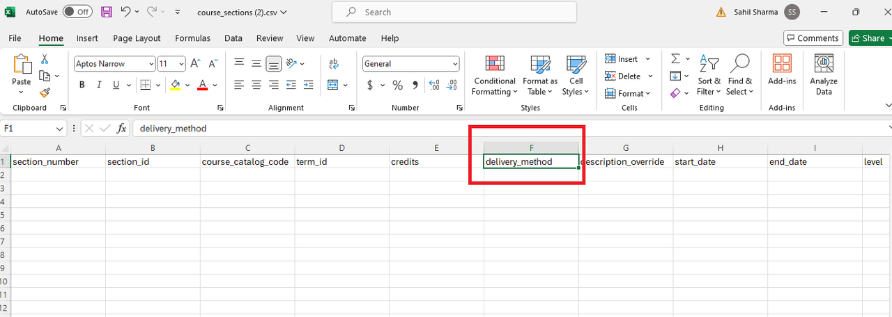 A course sections CSV file showing column headers for section number, section ID, course catalog code, term ID, credits, delivery method, description override, start date, end date, and level, with the delivery method column highlighted.