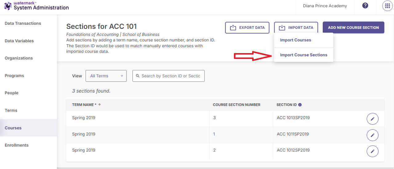 A Sections page for a course showing a list of course sections with term names, course section numbers, and section IDs, along with options to export data, import data through an import menu, and add a new course section with Import course sections highlighted.