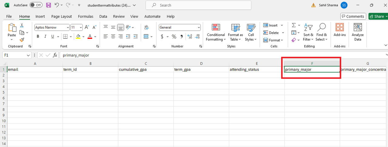 A student term attributes CSV file showing column headers for email, term ID, cumulative GPA, term GPA, attending status, primary major, and primary major concentration, with the primary major column highlighted.