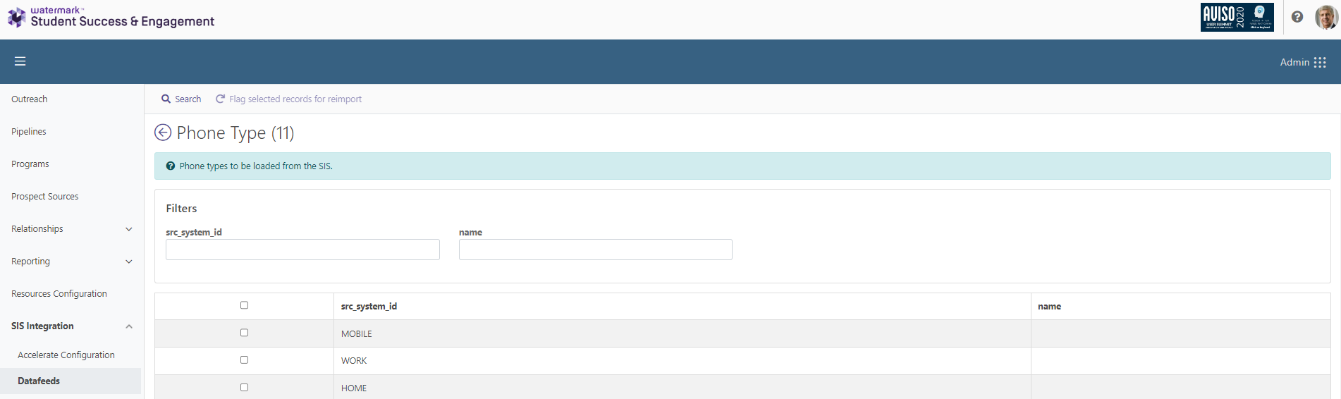 The Phone Type page showing filters for src_system_id and name. Table listing phone type rows including MOBILE, WORK, and HOME under src_system_id. Left navigation showing SIS Integration with Datafeeds selected.