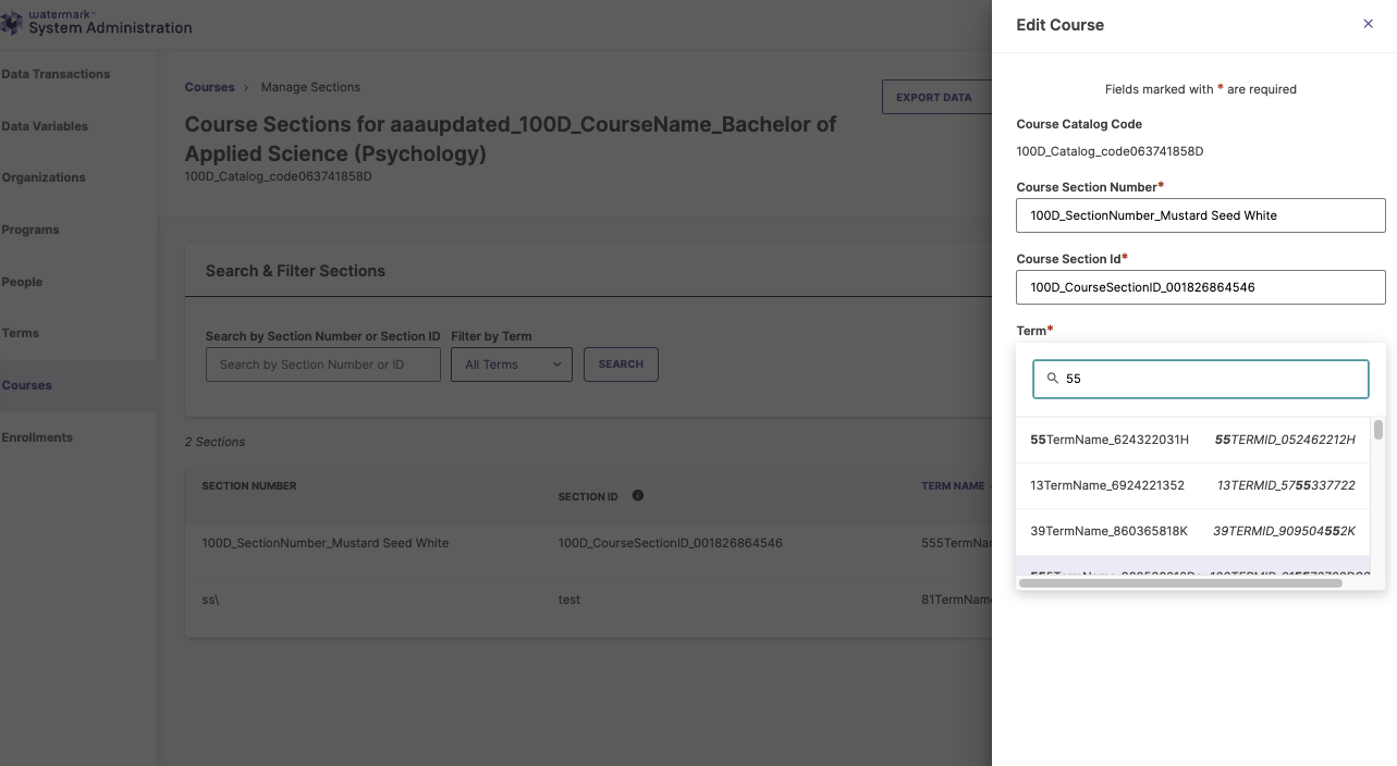 The Course Sections page showing an Edit Course flyout panel open on the right, with section details and a search‑and‑select field for choosing a term, demonstrating the updated selection component for managing course sections.