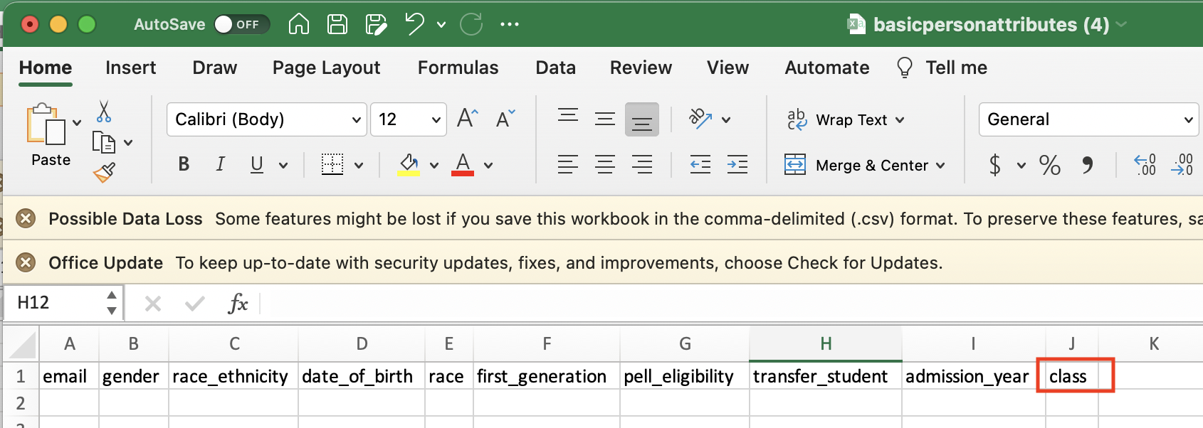 The updated Person Basic Attributes CSV template with the mandatory Class column header highlighted, indicating the required field for successful import of person attributes.