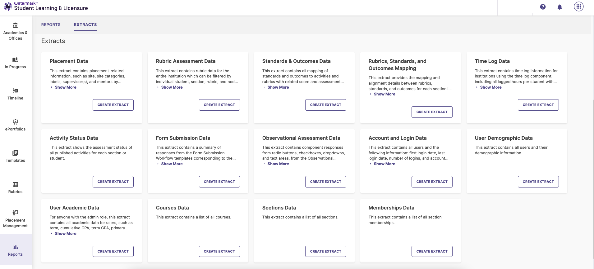 The 'Extracts' tab is selected within the Reports screen of Student Learning & Licensure. A list of available data extracts, such as 'Activity,' 'Assessment,' and 'Course,' is shown, each with a description.