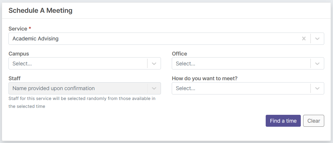 The 'Schedule a Meeting' page showing user selections for service, campus, office, staff, and meeting type, accompanied by a 'Find a time' button.