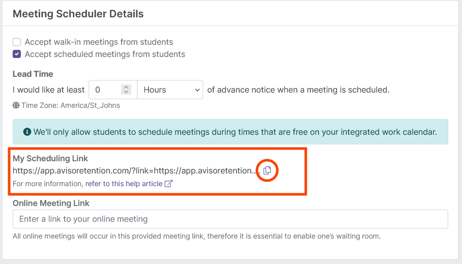 The 'Meeting Scheduler Details' page with the section to enable scheduled meetings, set lead time, and copy 'My Scheduling Link' for students to schedule meetings highlighted.