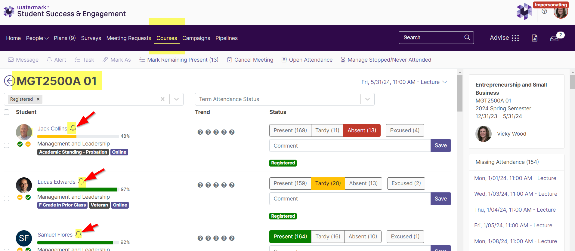 The course attendance page for MGT2500A 01 showing the list of students with their status and comments. The course section label MGT2500A 01 at the top is highlighted. Arrows point to alert icons beside the names of Jack Collins, Lucas Edwards, and Samuel Flores.