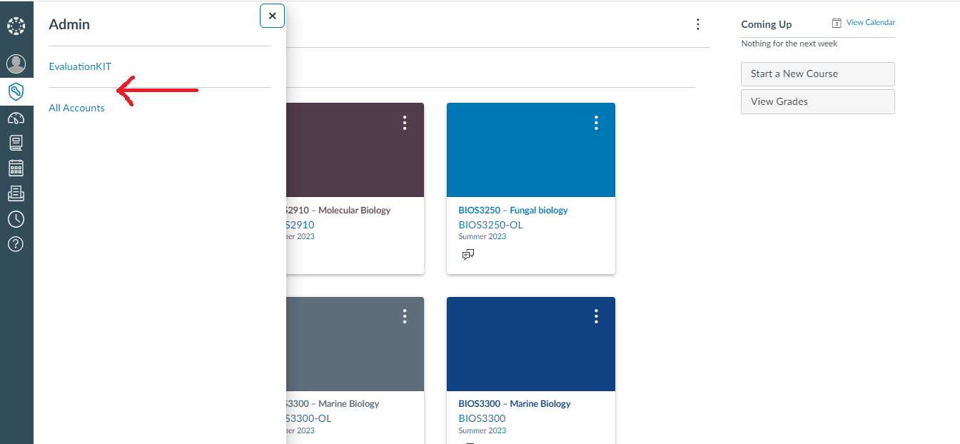 The Admin menu showing the EvaluationKIT account listed with the All Accounts option indicated by an arrow.