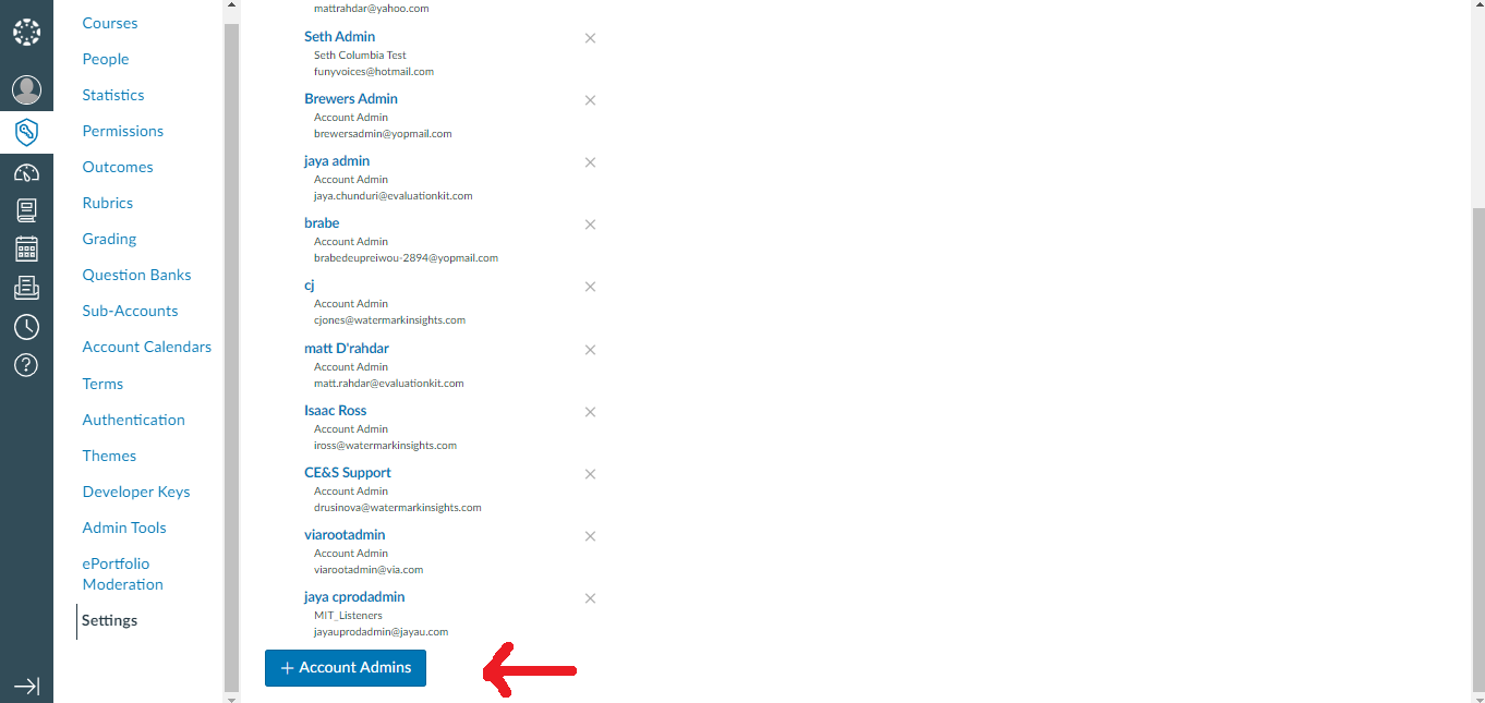 The account settings page showing the Admins tab with a list of account administrators and the + Account Admins button highlighted at the bottom.