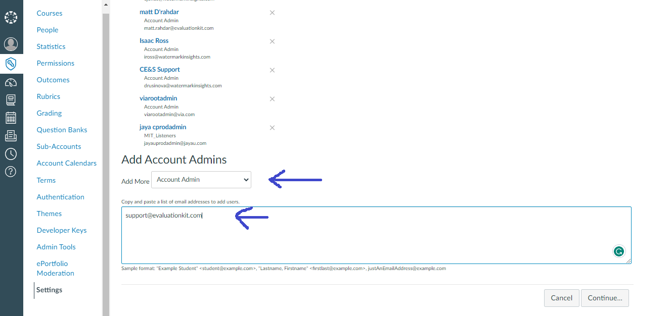 The Add Account Admins section showing the role selection dropdown and an email address field populated for adding new account administrators.