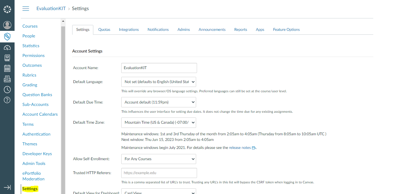 The account settings page showing the Settings tab selected with account configuration fields and options displayed in the main panel.