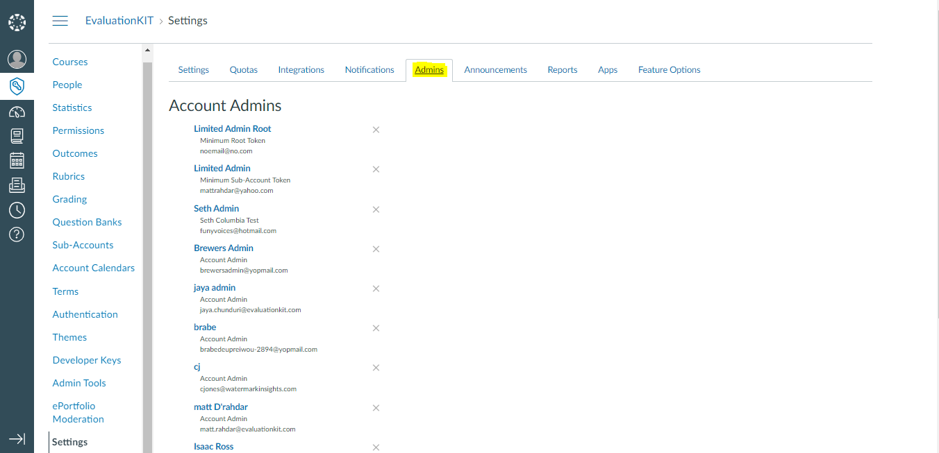 The account settings page showing the Admins tab selected with a list of account administrators and assigned admin roles displayed.
